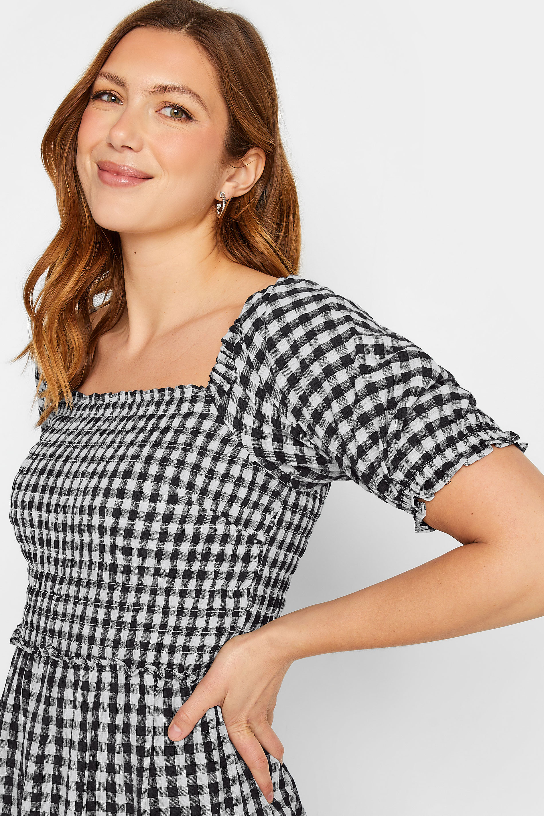 LTS Tall Women's Black Gingham Shirred Midi Dress | Long Tall Sally 4