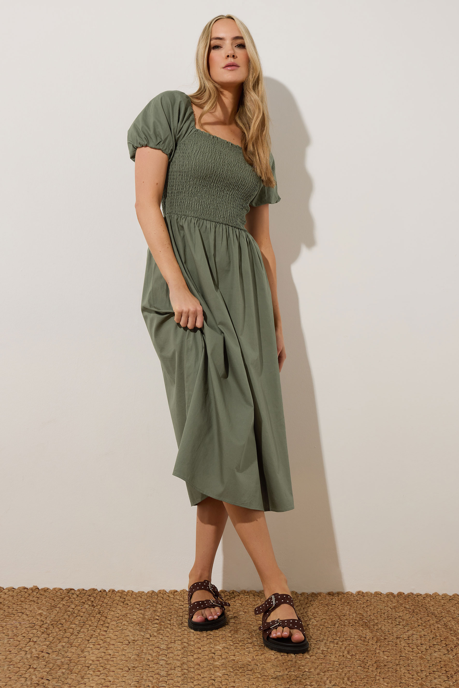 LTS Tall Khaki Green Shirred Puff Sleeve Midi Dress | Long Tall Sally 4