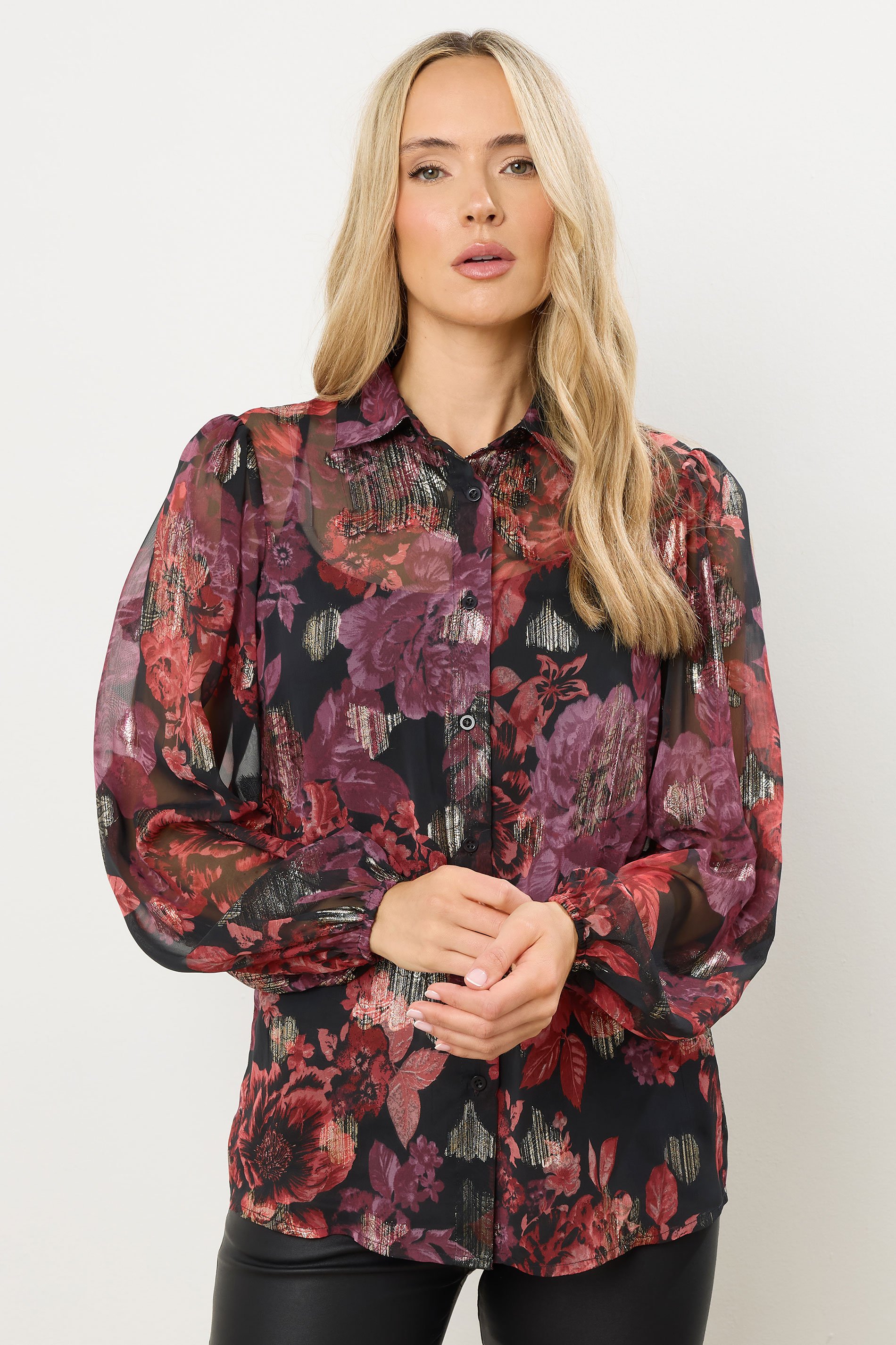 LTS Tall Black Rose Jacquard Balloon Sleeve Shirt | Long Tall Sally 1