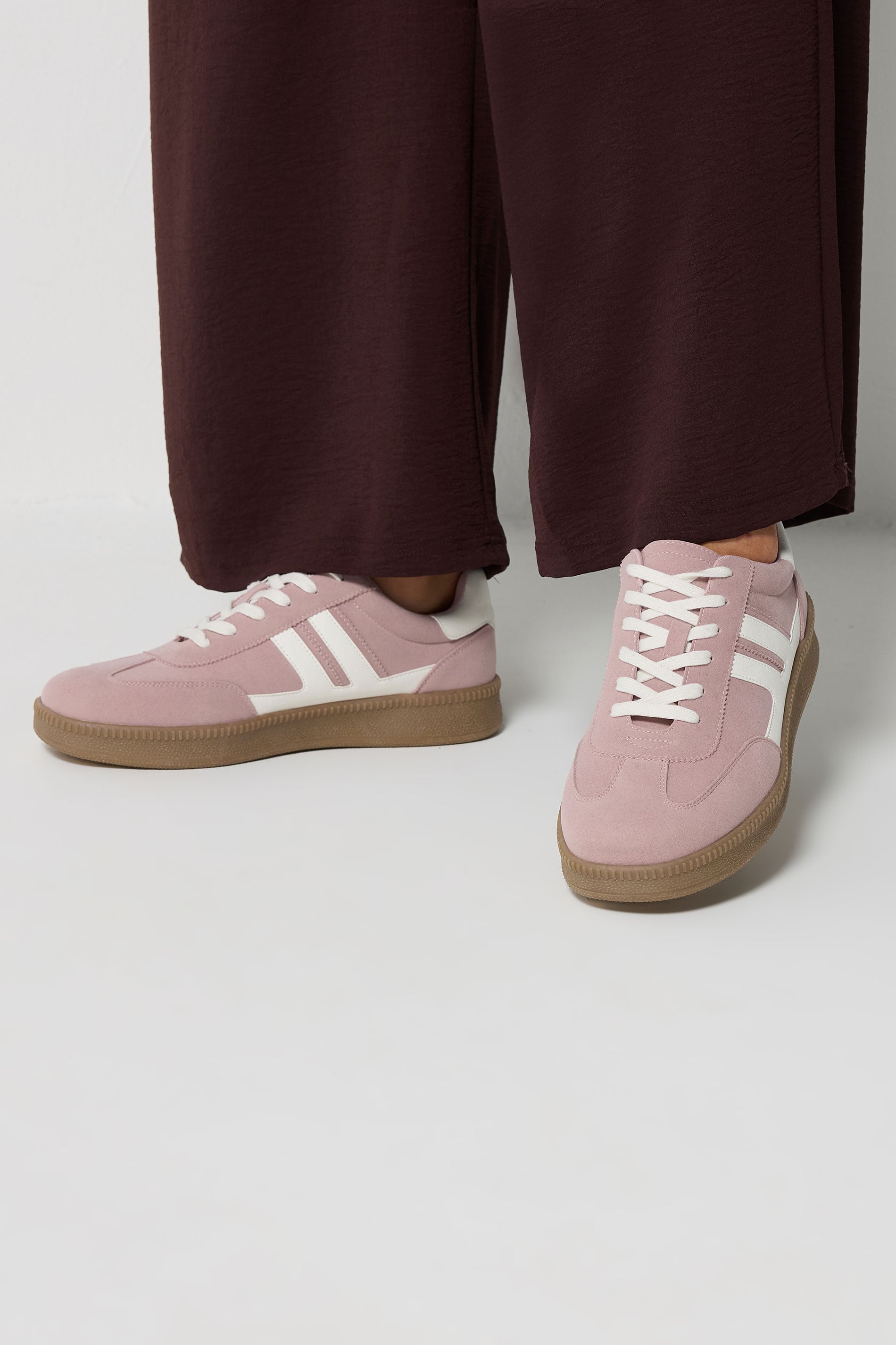 Pink Faux Suede Side Stripe Lace Up Trainer In Wide E Fit | Yours Clothing 3