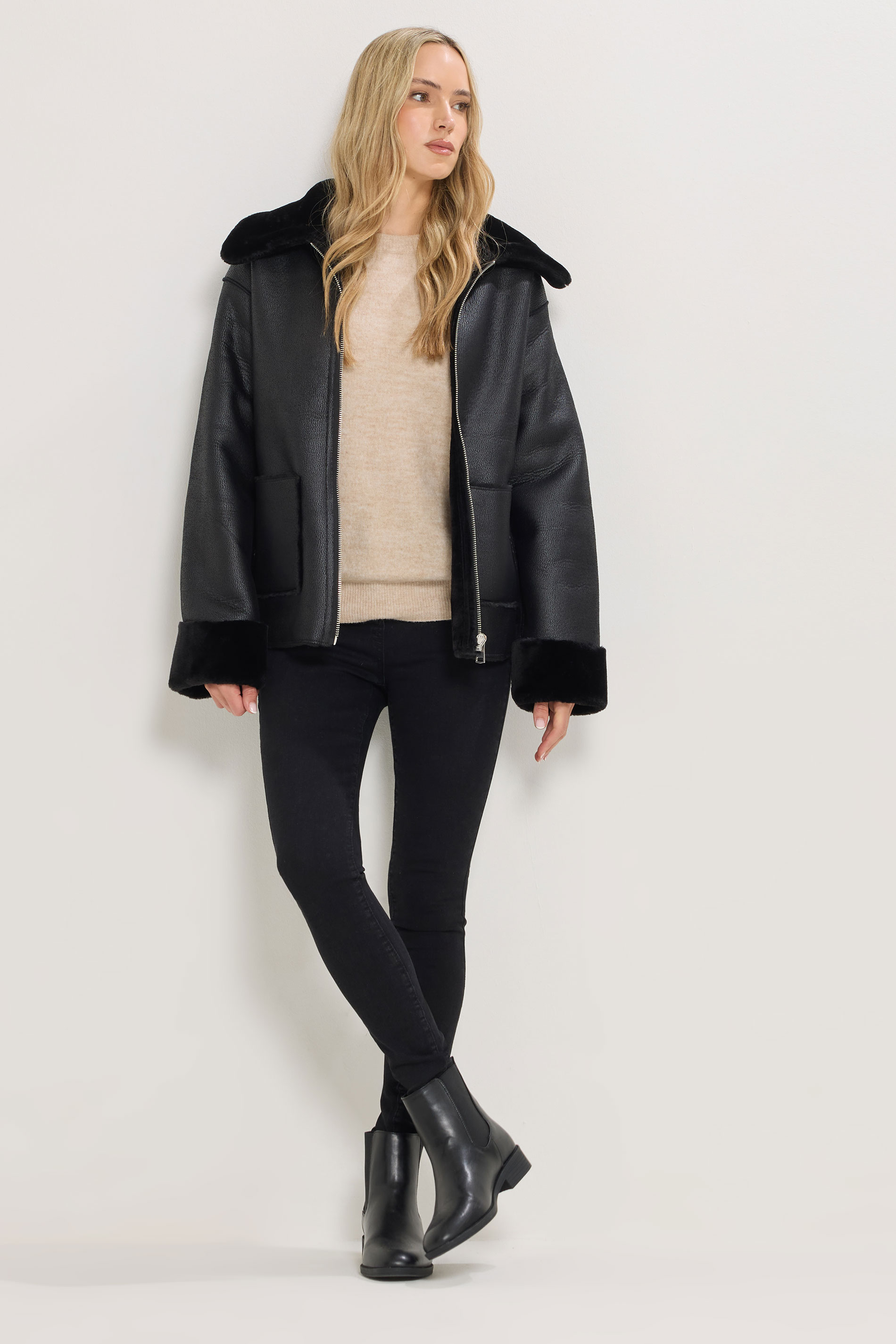 LTS Tall Black Faux Fur Trim Jacket | Long Tall Sally 3
