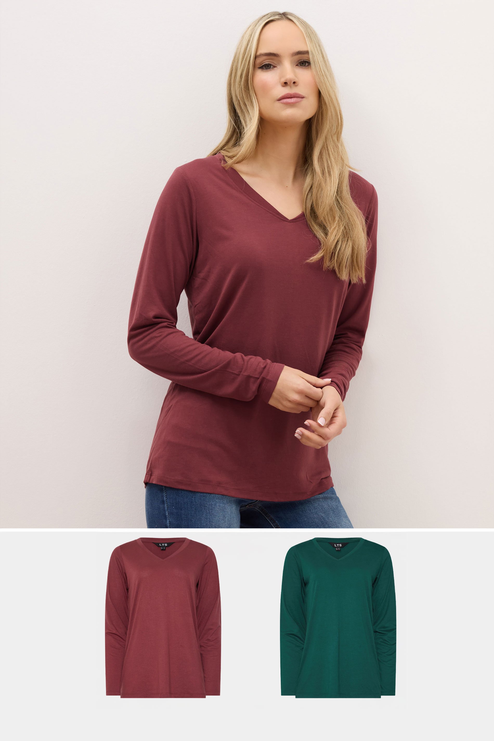 LTS PREMIUM Tall 2 PACK Burgundy Red & Green V-Neck Tops | Long Tall Sally 1