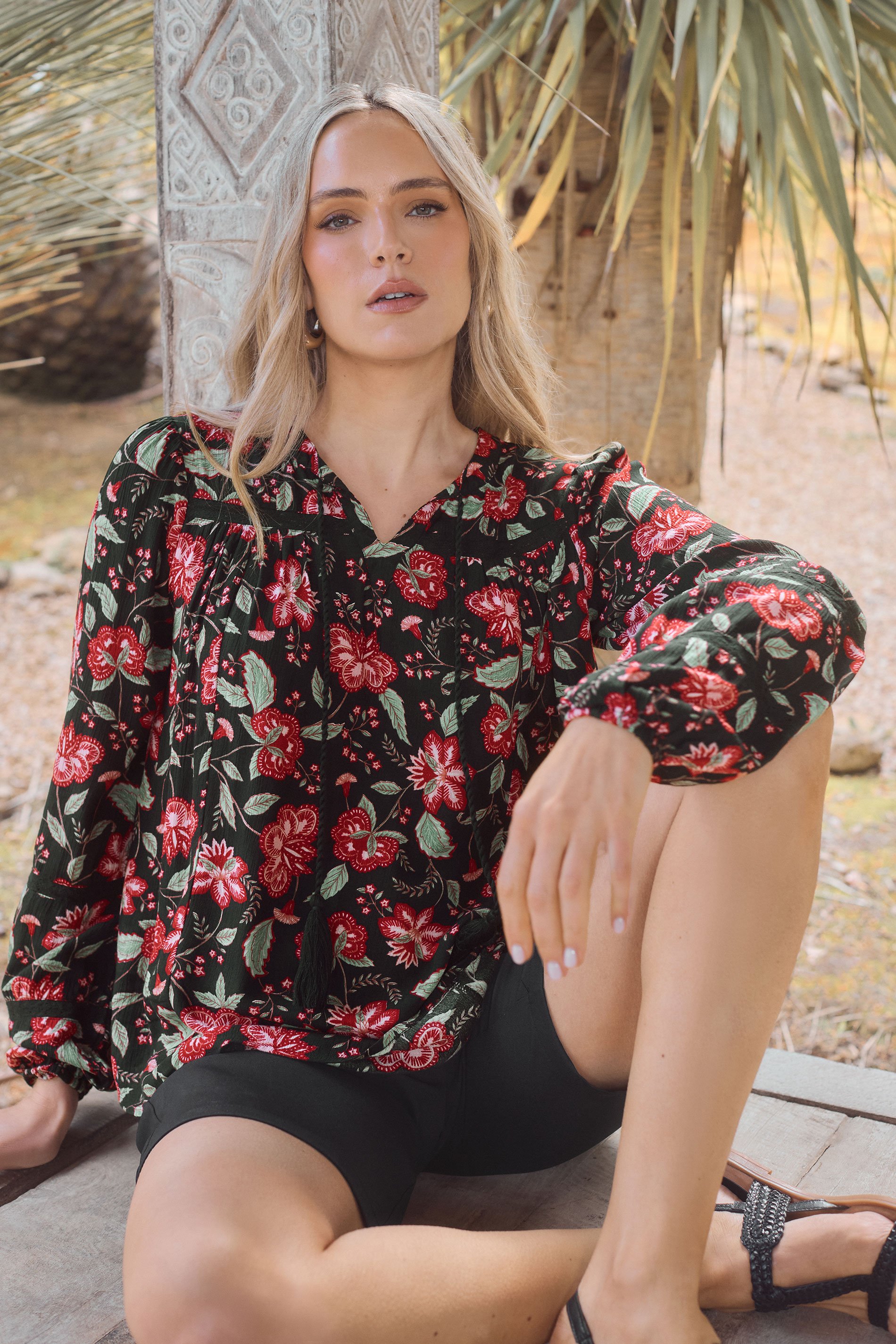 LTS Tall Black Floral Tassel Tie Blouse | Long Tall Sally 1