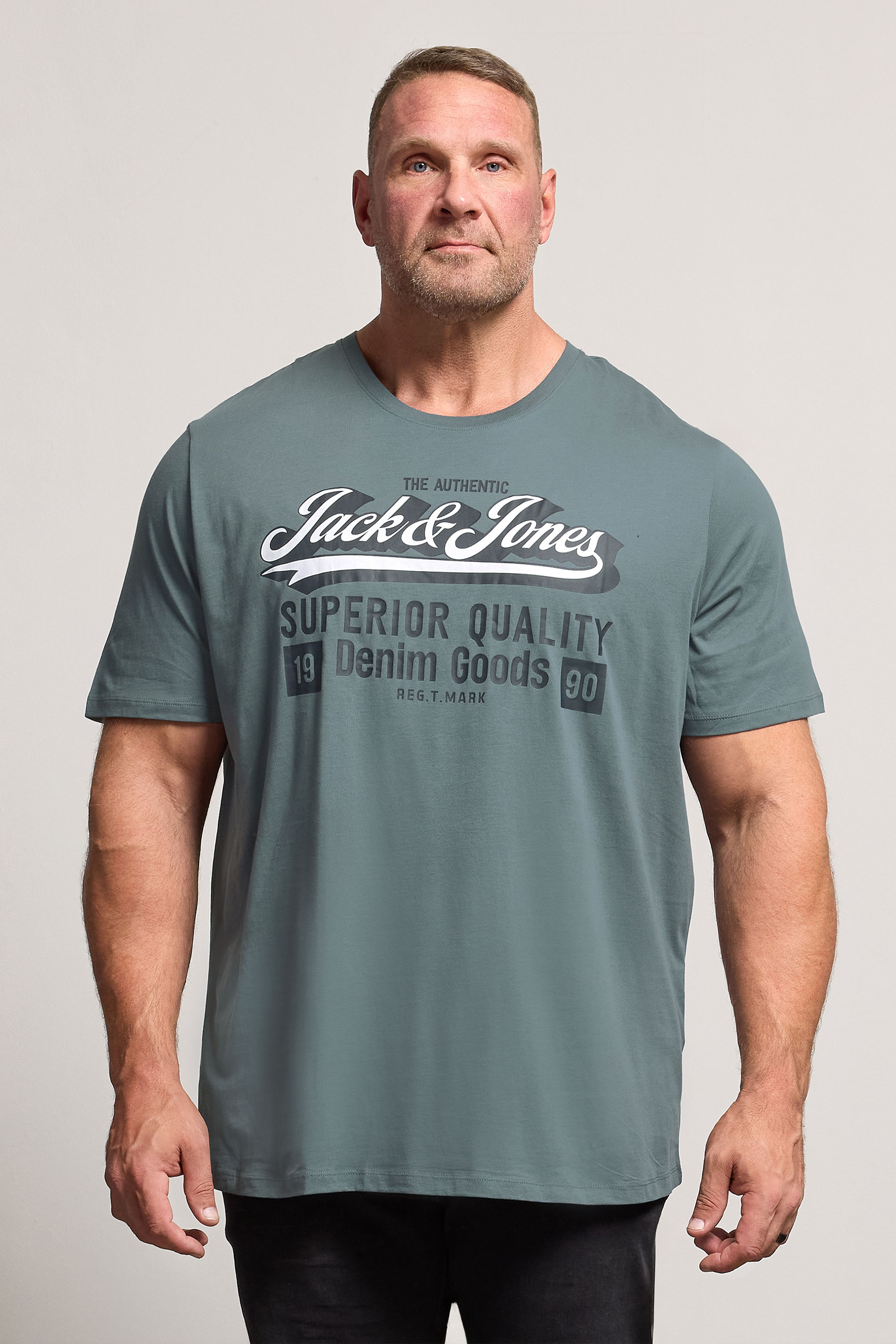 JACK & JONES Big & Tall Stormy Weather Blue Logo Chest Print T-Shirt | BadRhino 1