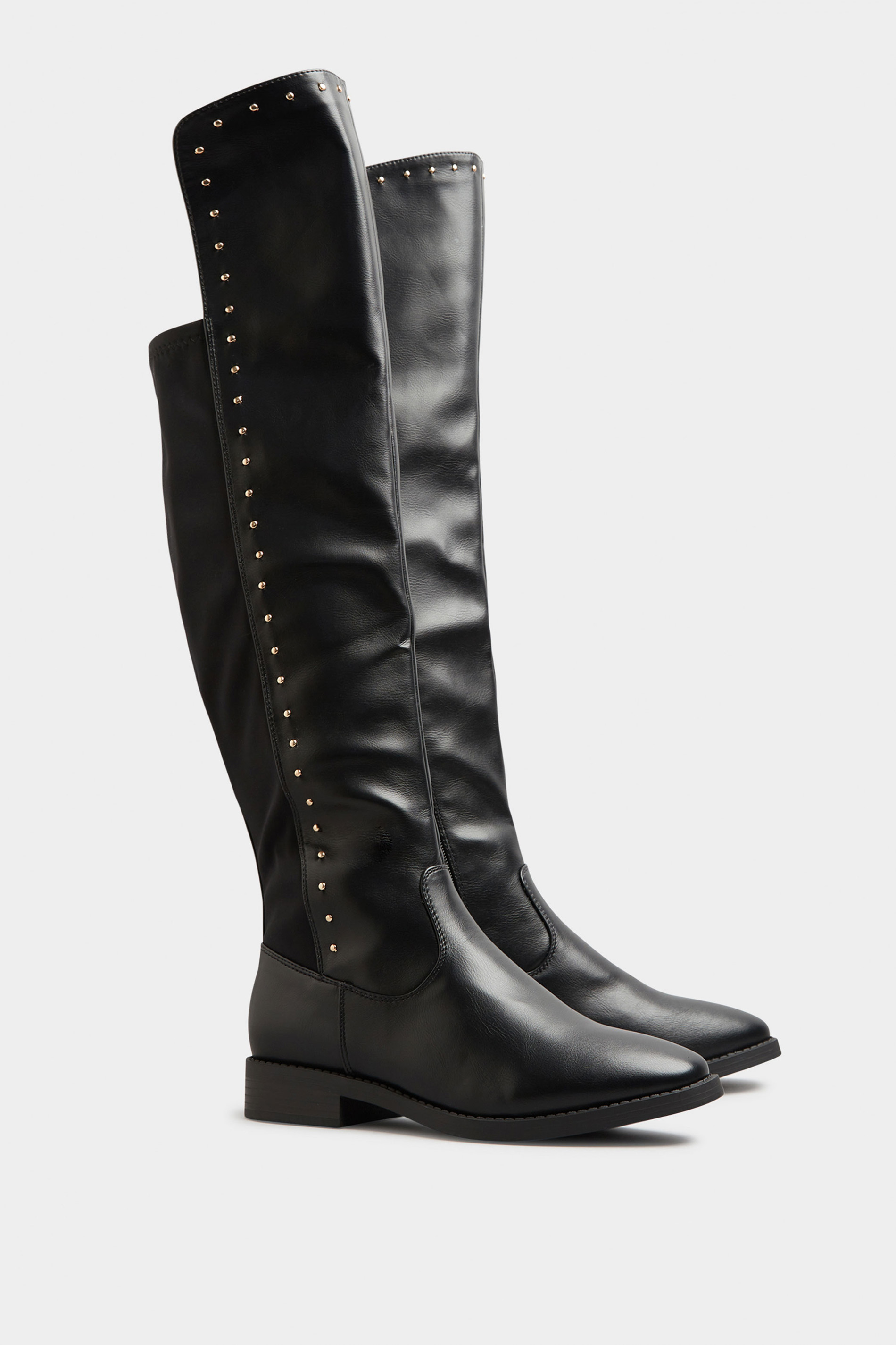 LIMITED COLLECTION Black PU Stud Over The Knee Boots In Extra Wide Fit | Yours Clothing 2