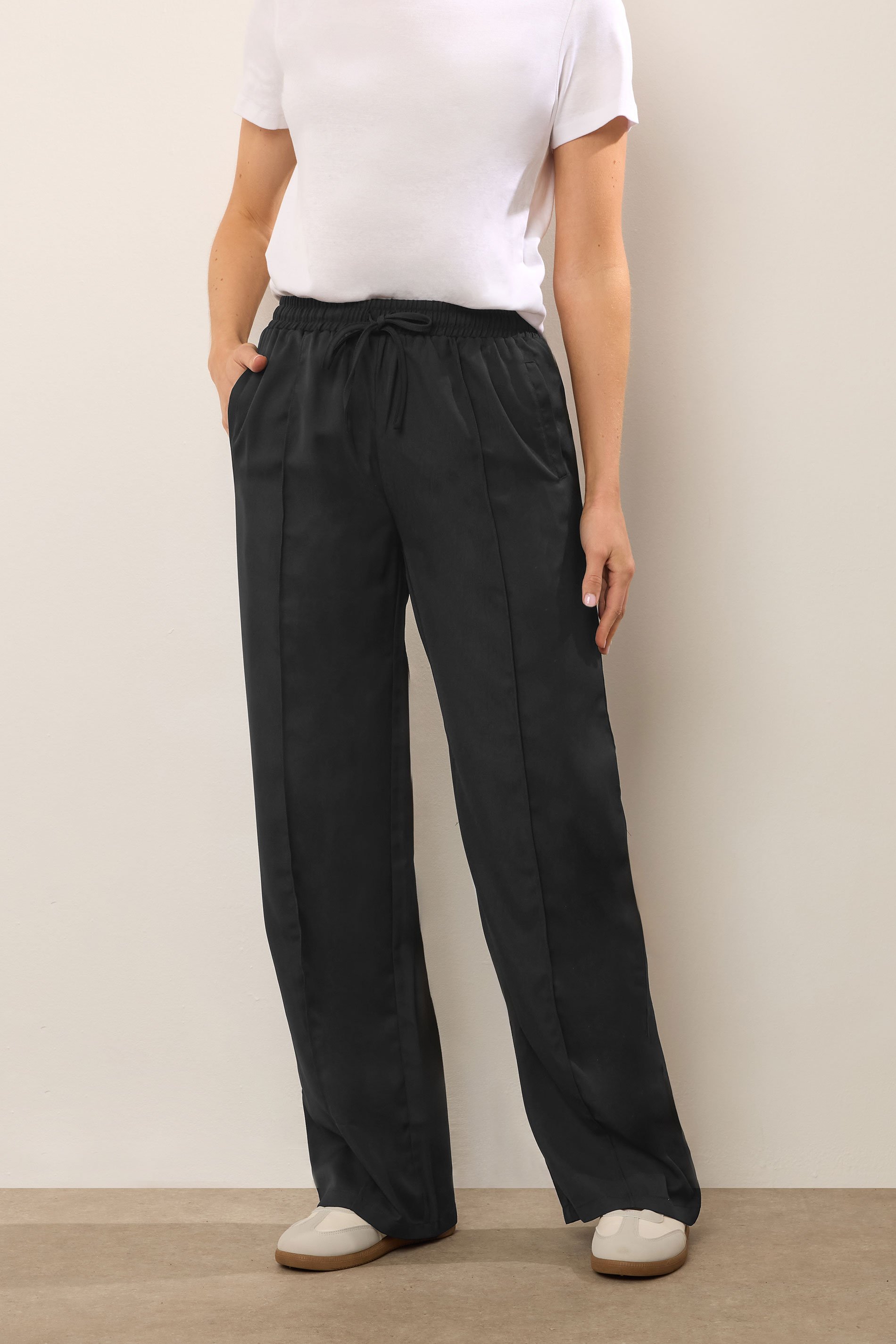 LTS Tall Black Tie Waist Wide Leg Trousers | Long Tall Sally 1