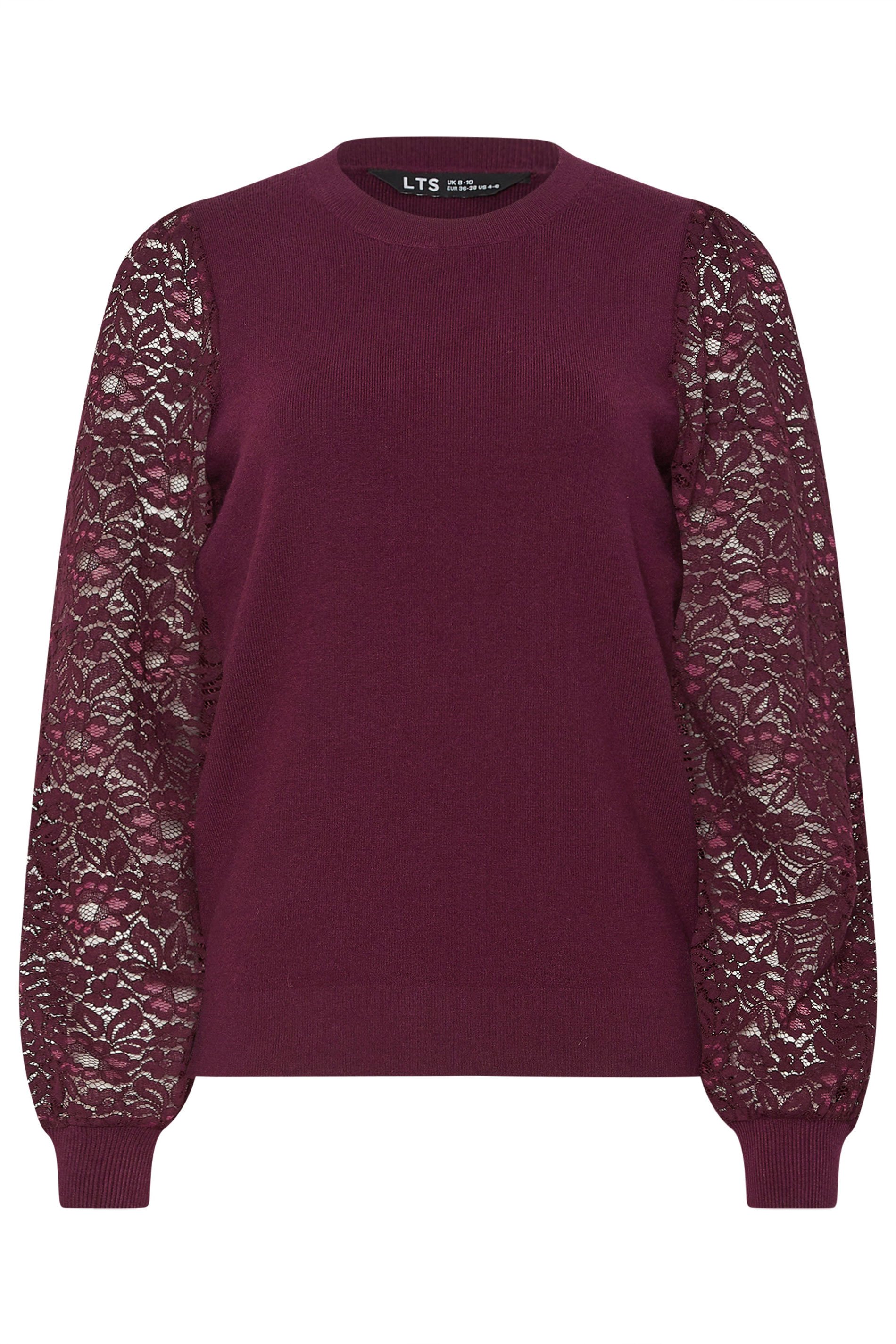 LTS Tall Burgundy Red Lace Sleeve Knit Jumper | Long Tall Sally 6