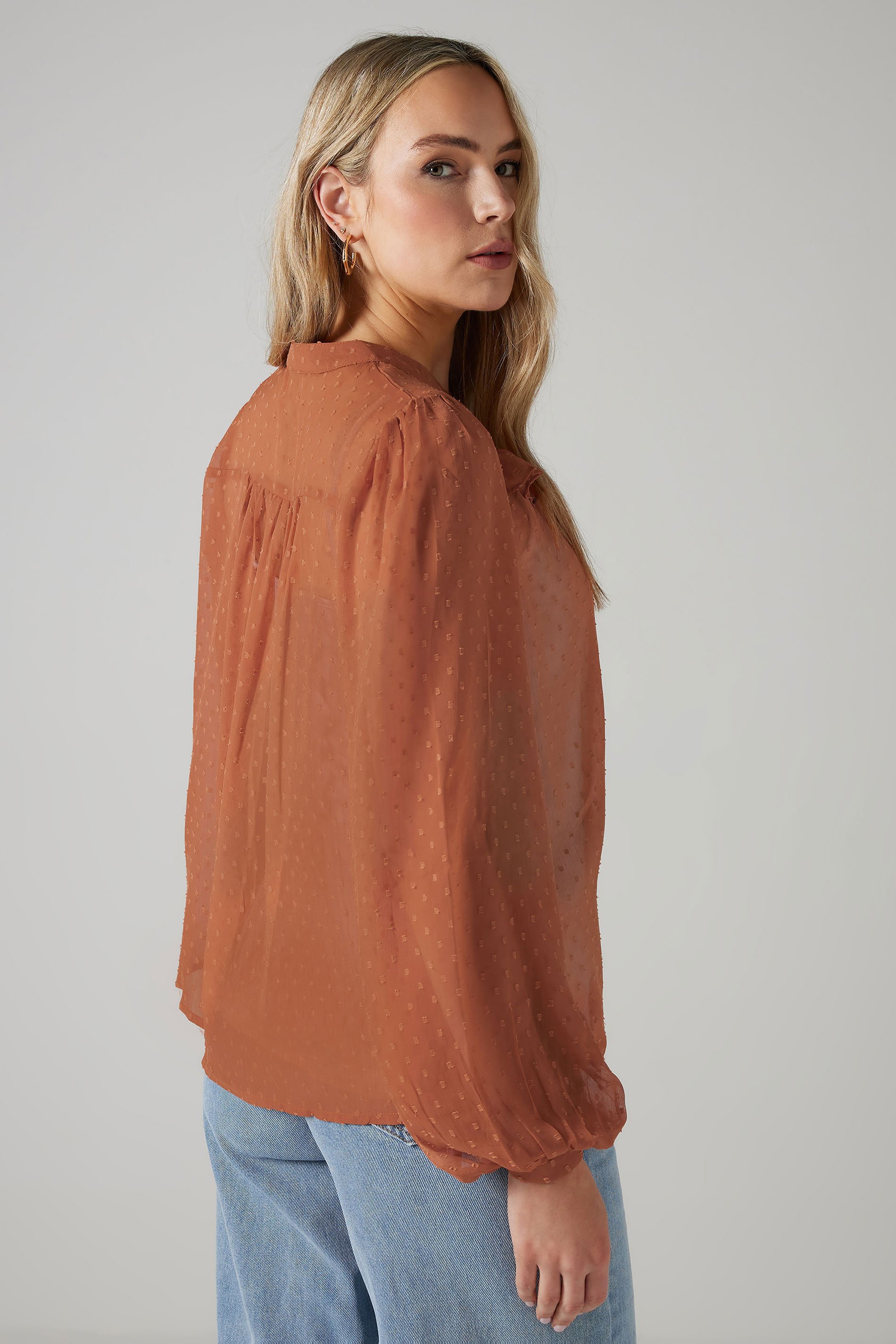 LTS Tall Coral Pink Sheer Dobby Frill Blouse | Long Tall Sally 4