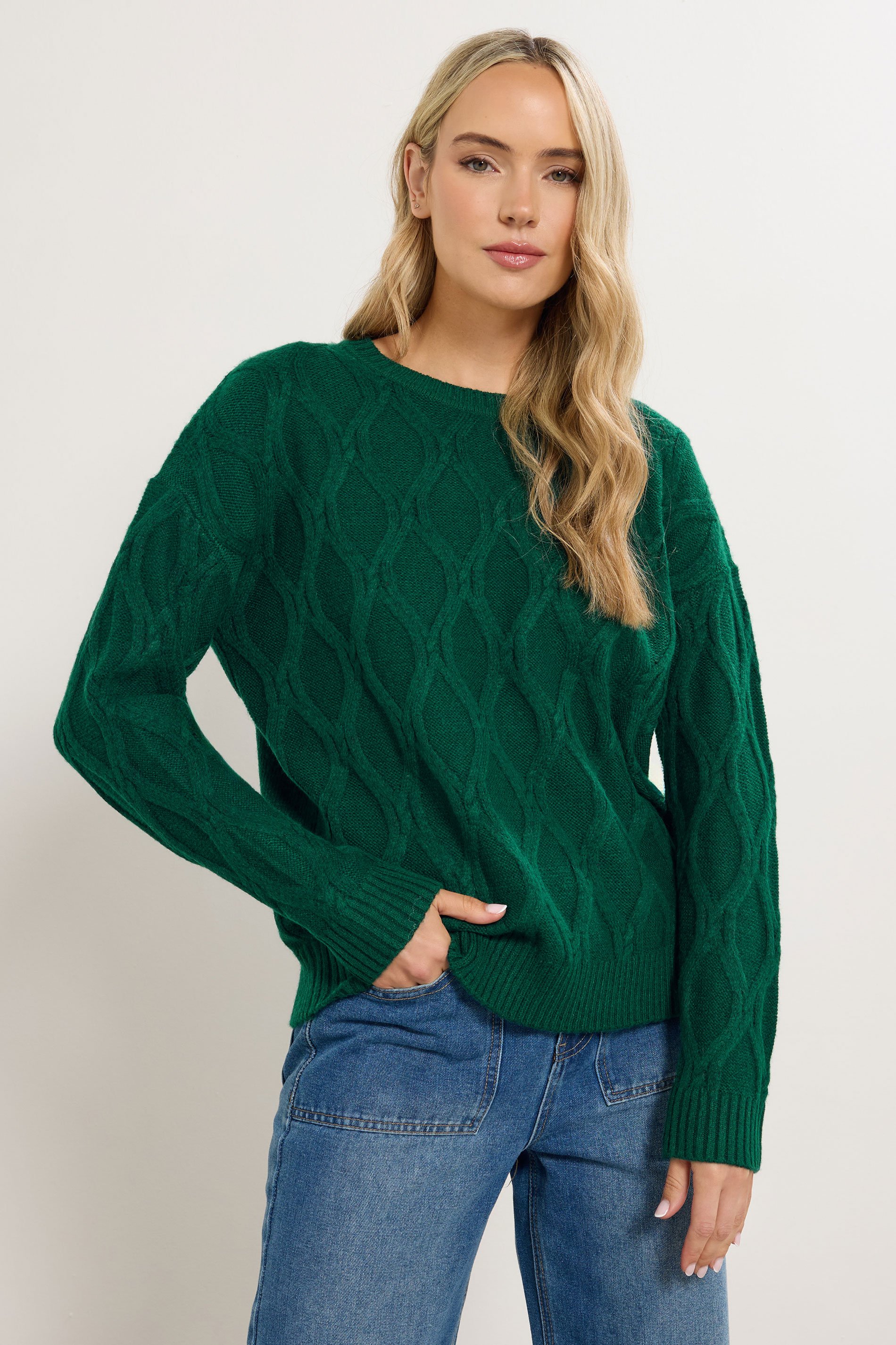 LTS Tall Dark Green Cable Knit Jumper | Long Tall Sally 1