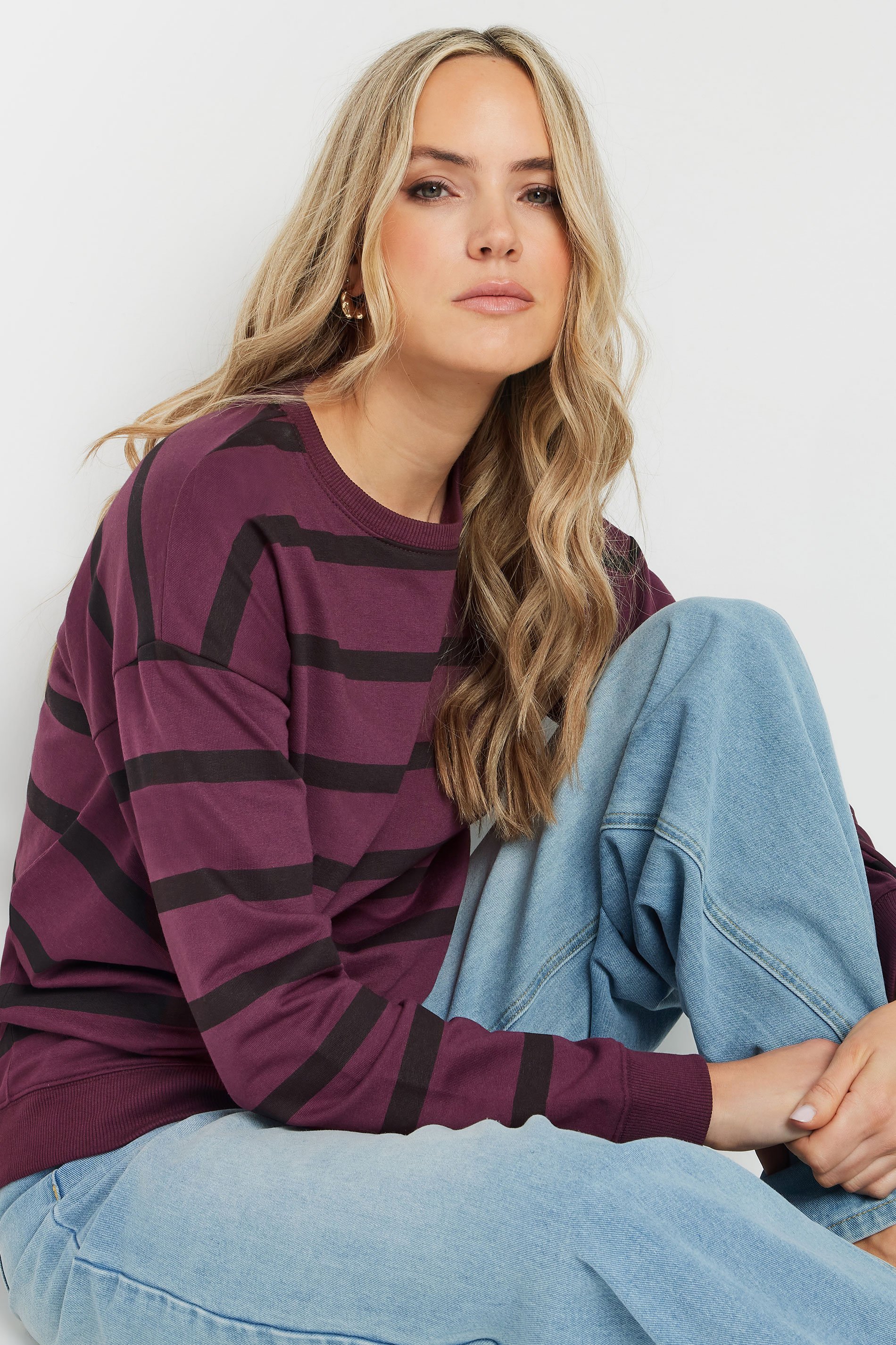 LTS Tall Burgundy Red Stripe Print Crew Neck Sweatshirt | Long Tall Sally 4