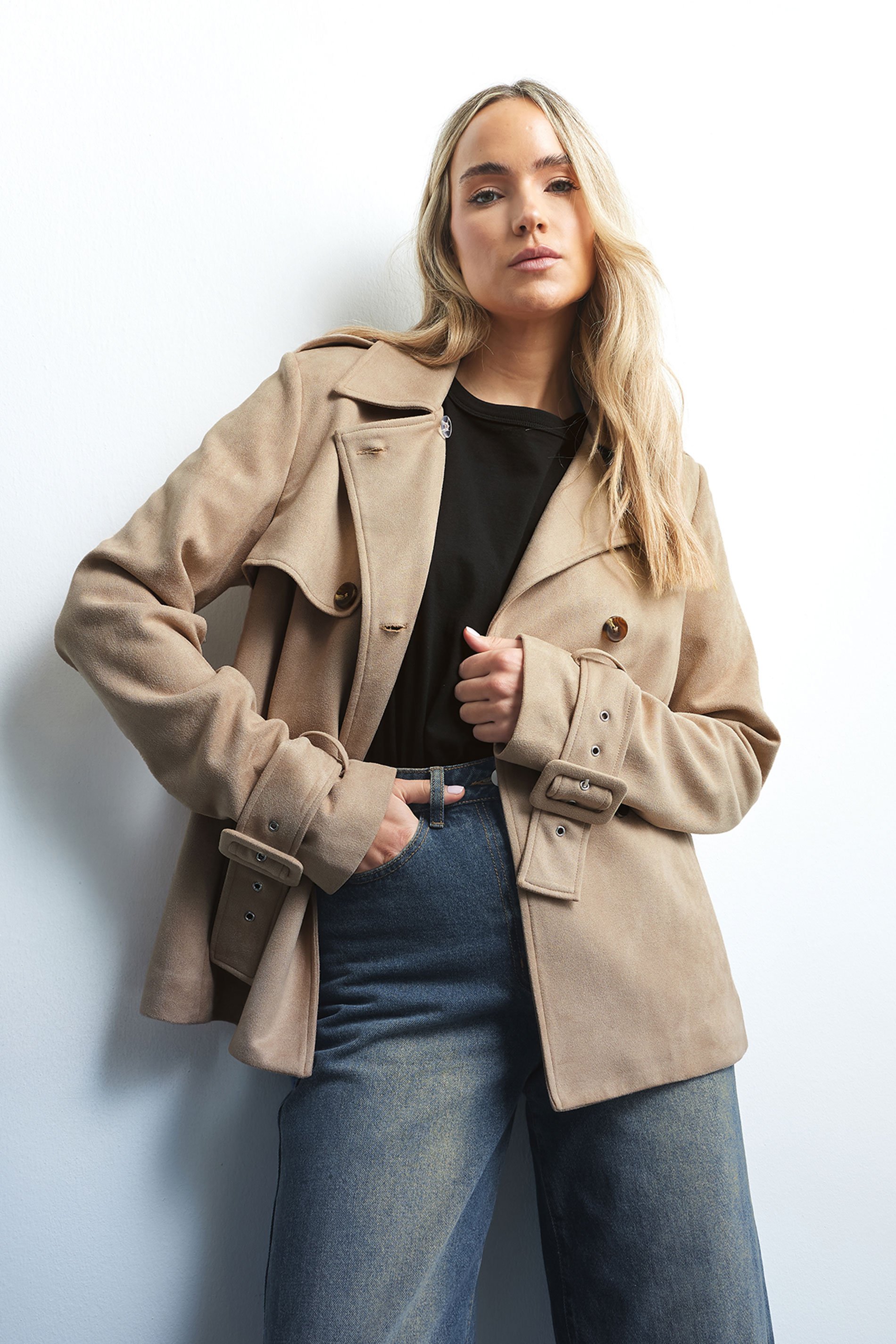LTS Tall Stone Brown Faux Suede Trench Coat | Long Tall Sally 1