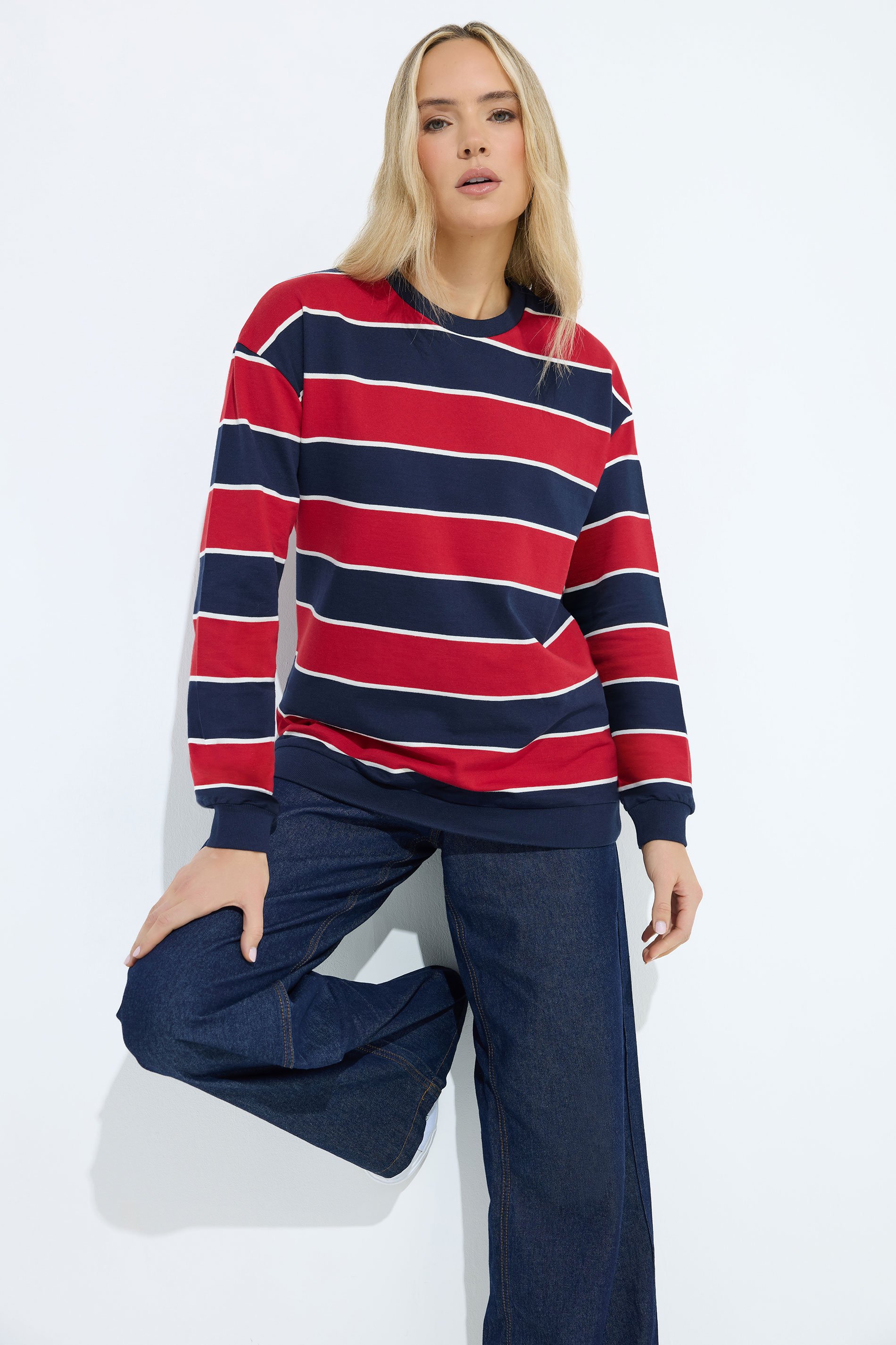 LTS Tall Navy Blue & Red Stripe Crew Neck Sweatshirt | Long Tall Sally 1