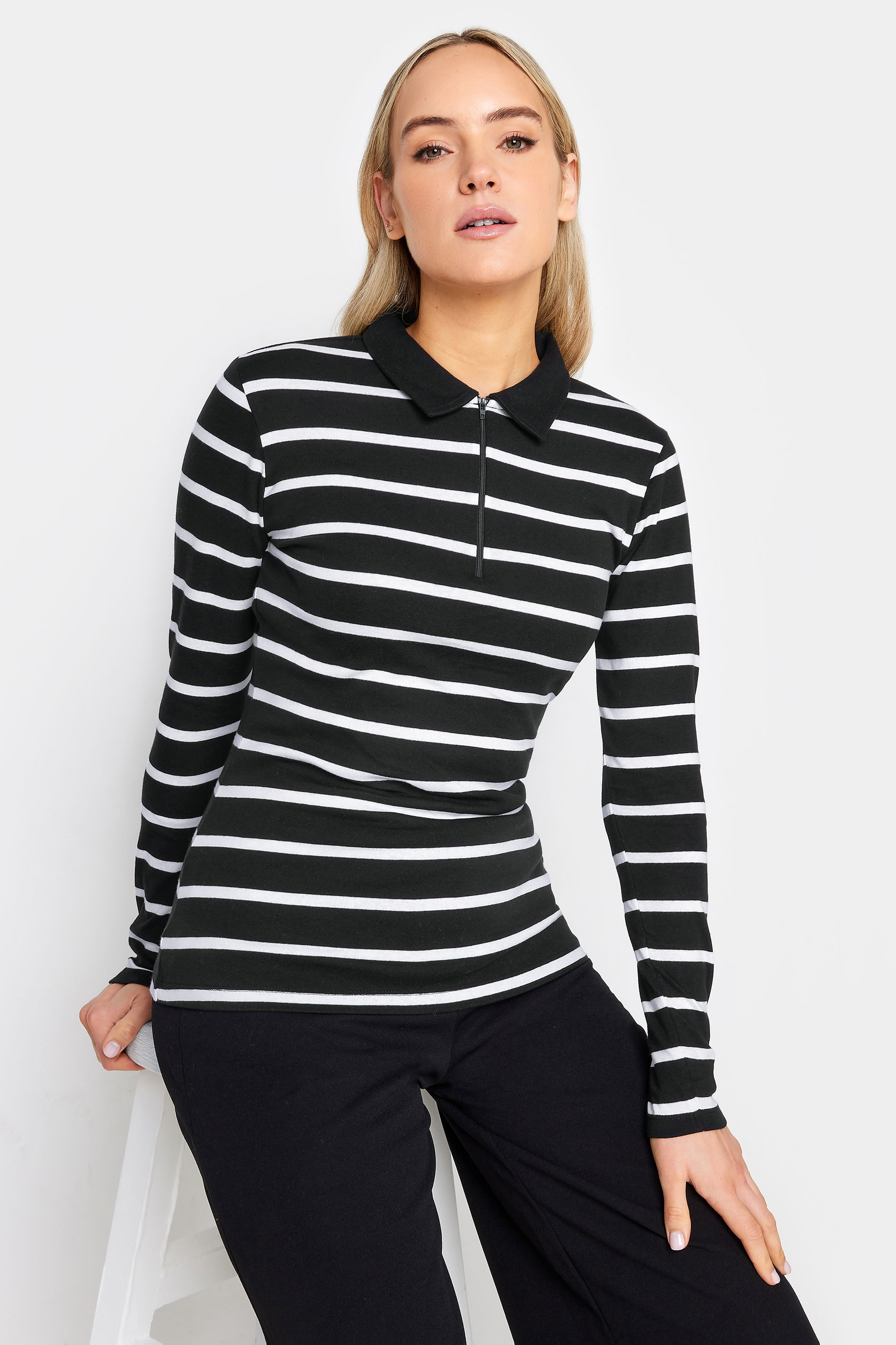 LTS Tall Women's Black Stripe Print Polo Collar Top | Long Tall Sally 1