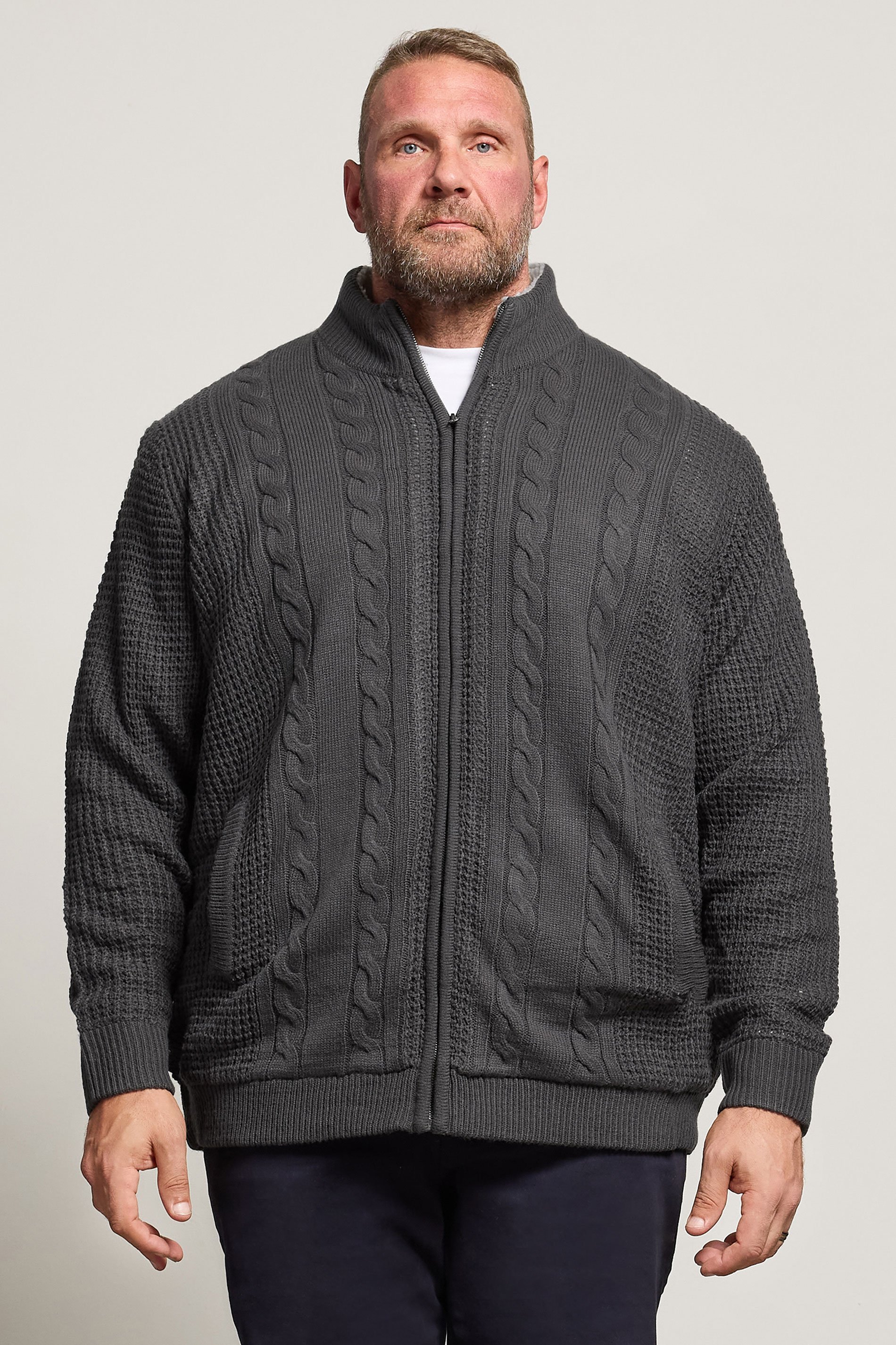 BadRhino Big & Tall Charcoal Grey Sherpa Lined Zip Through Cable Jumper | BadRhino 1