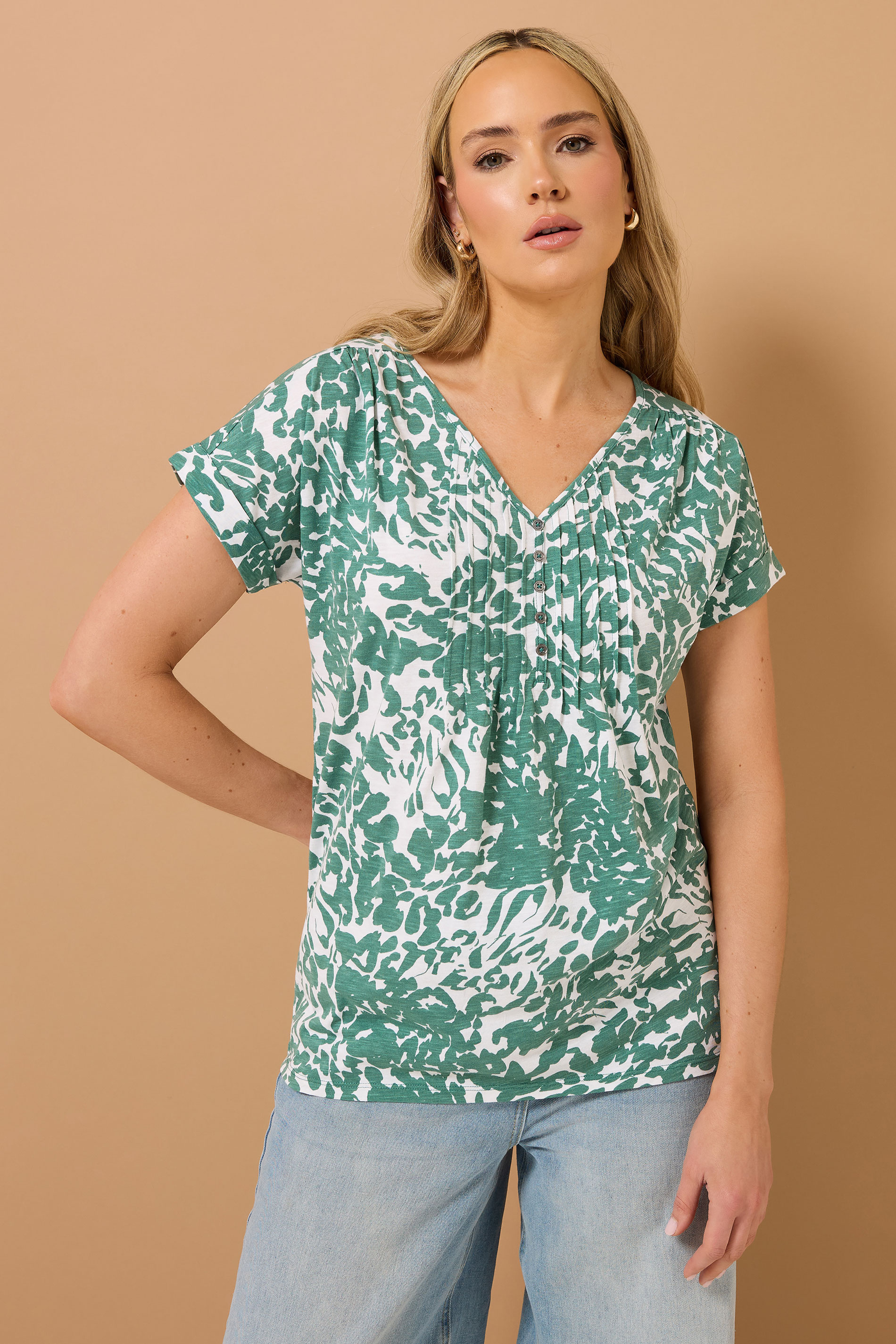 LTS Tall Sage Green Cotton Abstract Floral Henley Top | Long Tall Sally 1