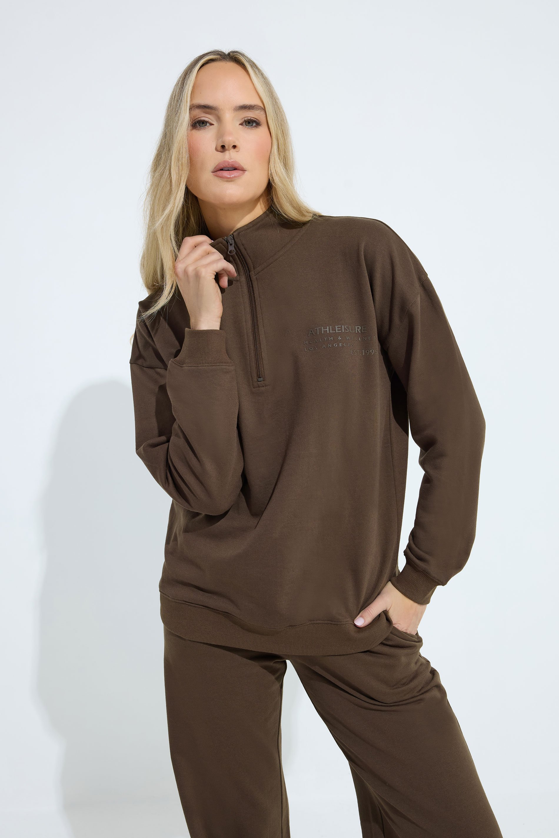 LTS Tall Women's Chocolate Brown Slogan Zip Sweatshirt | Long Tall Sally 1