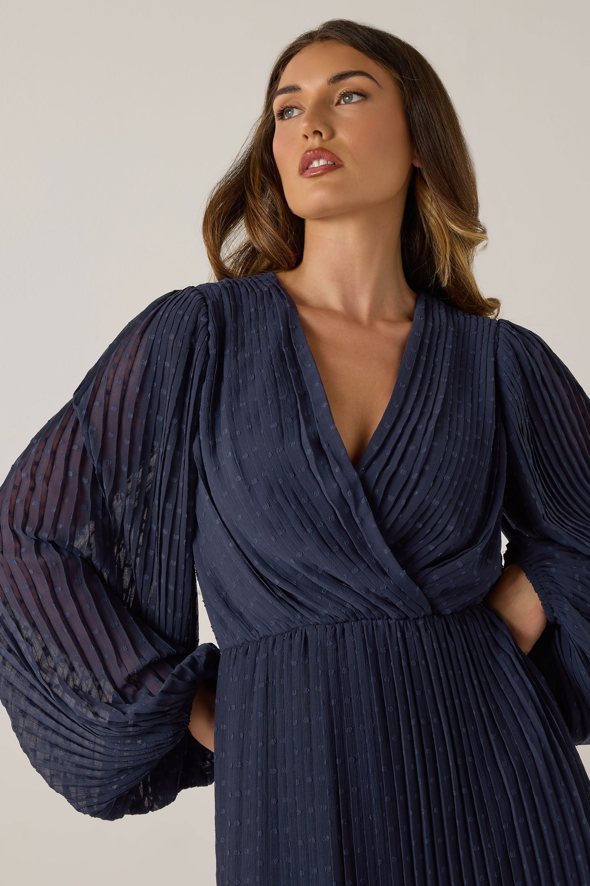 LTS Tall Navy Blue Chiffon Dobby Pleated Wrap Midi Dress | Long Tall Sally 4