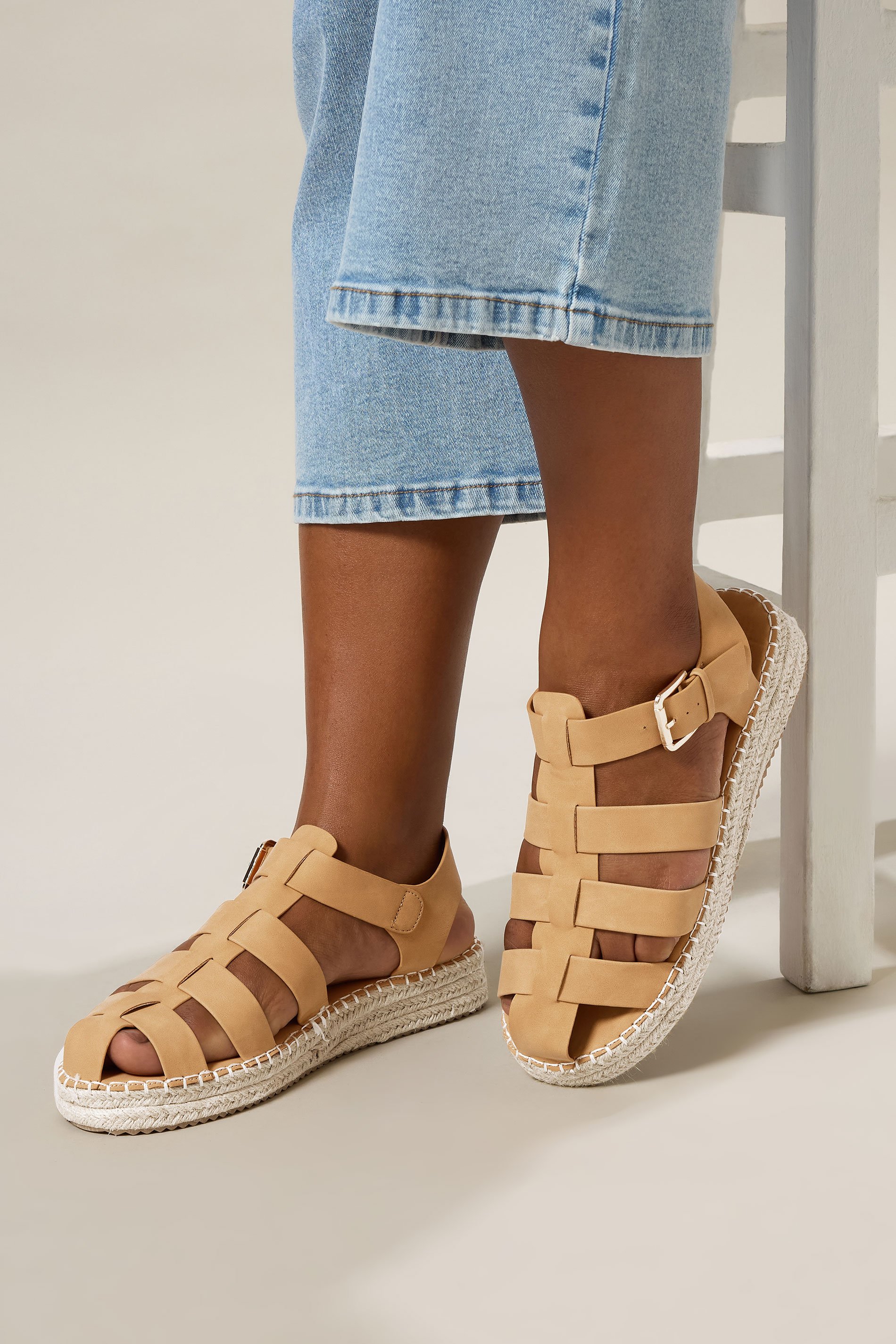 Brown Flatform Gladiator Espadrilles In Extra Wide EEE Fit | Yours Clothing 1