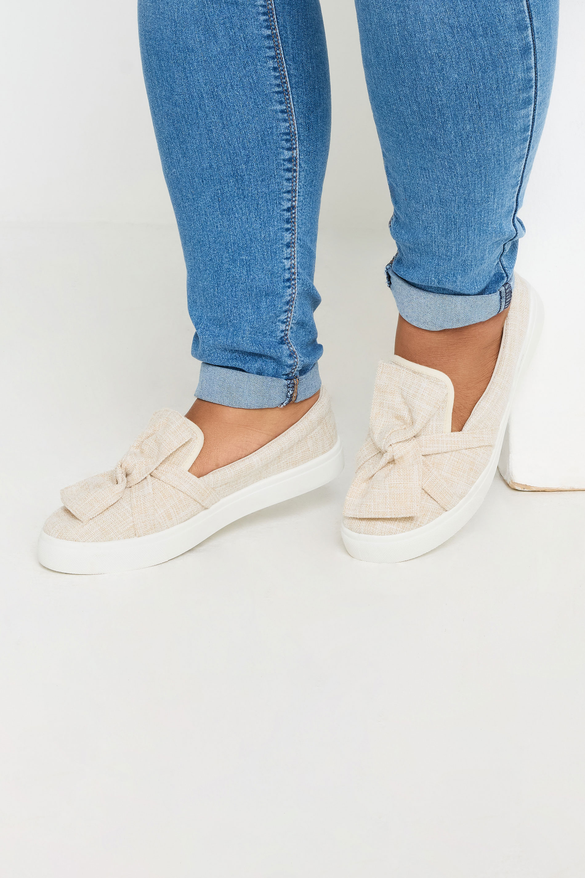 Beige Brown Canvas Twisted Bow Slip-On Trainers | Yours Clothing 1