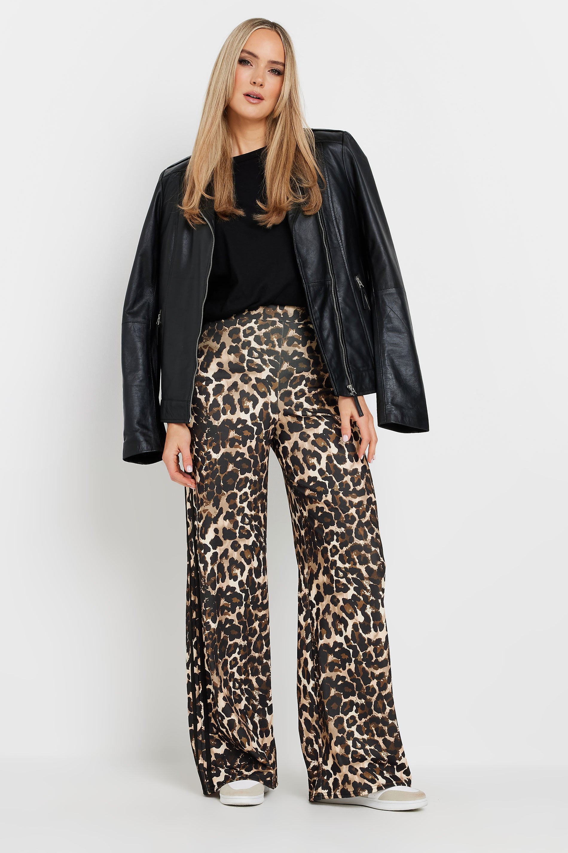 LTS Tall Beige Brown Leopard Print Stripe Trousers | Long Tall Sally 1