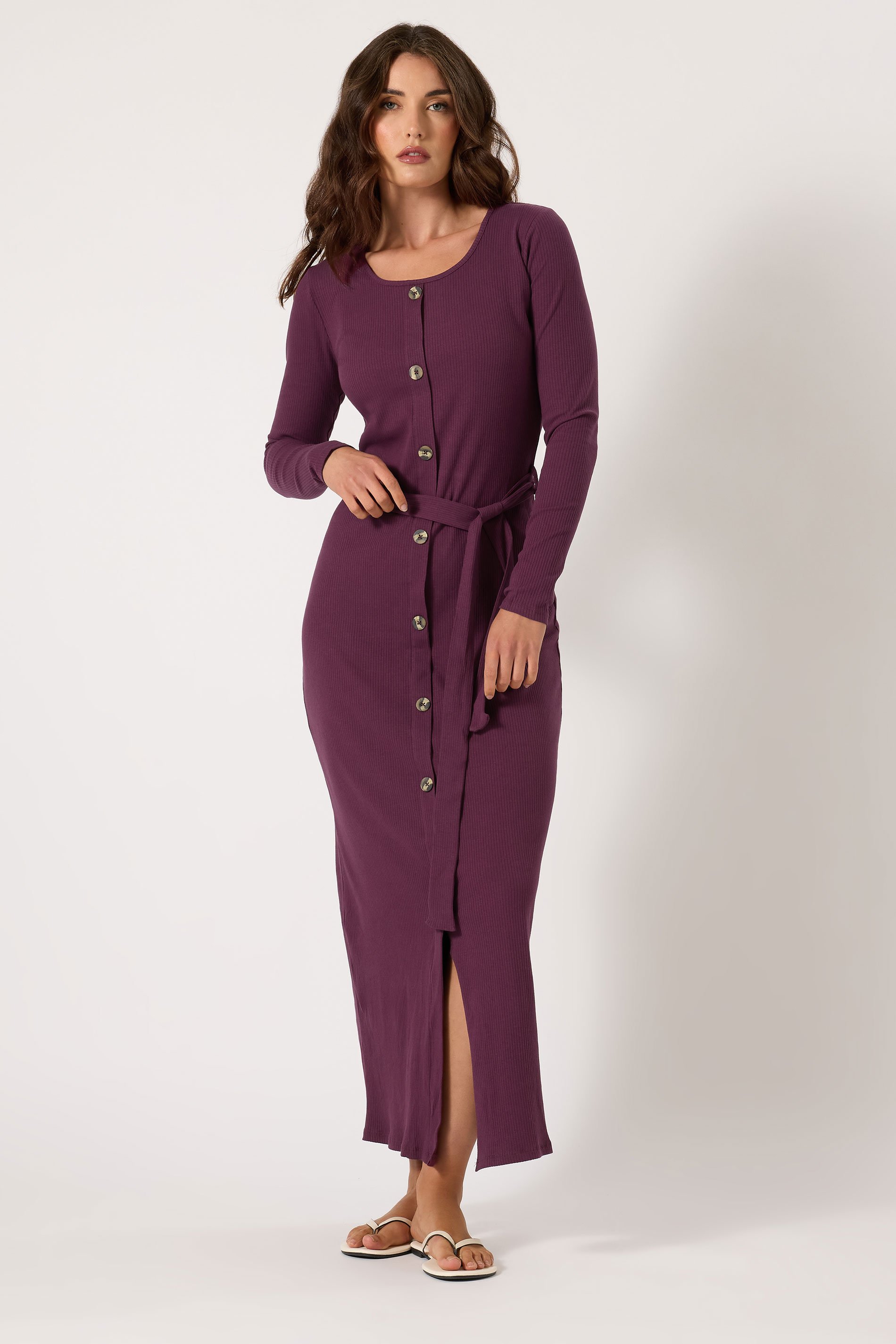 LTS Tall Burgundy Red Ribbed Button Maxi Dress | Long Tall Sally 1