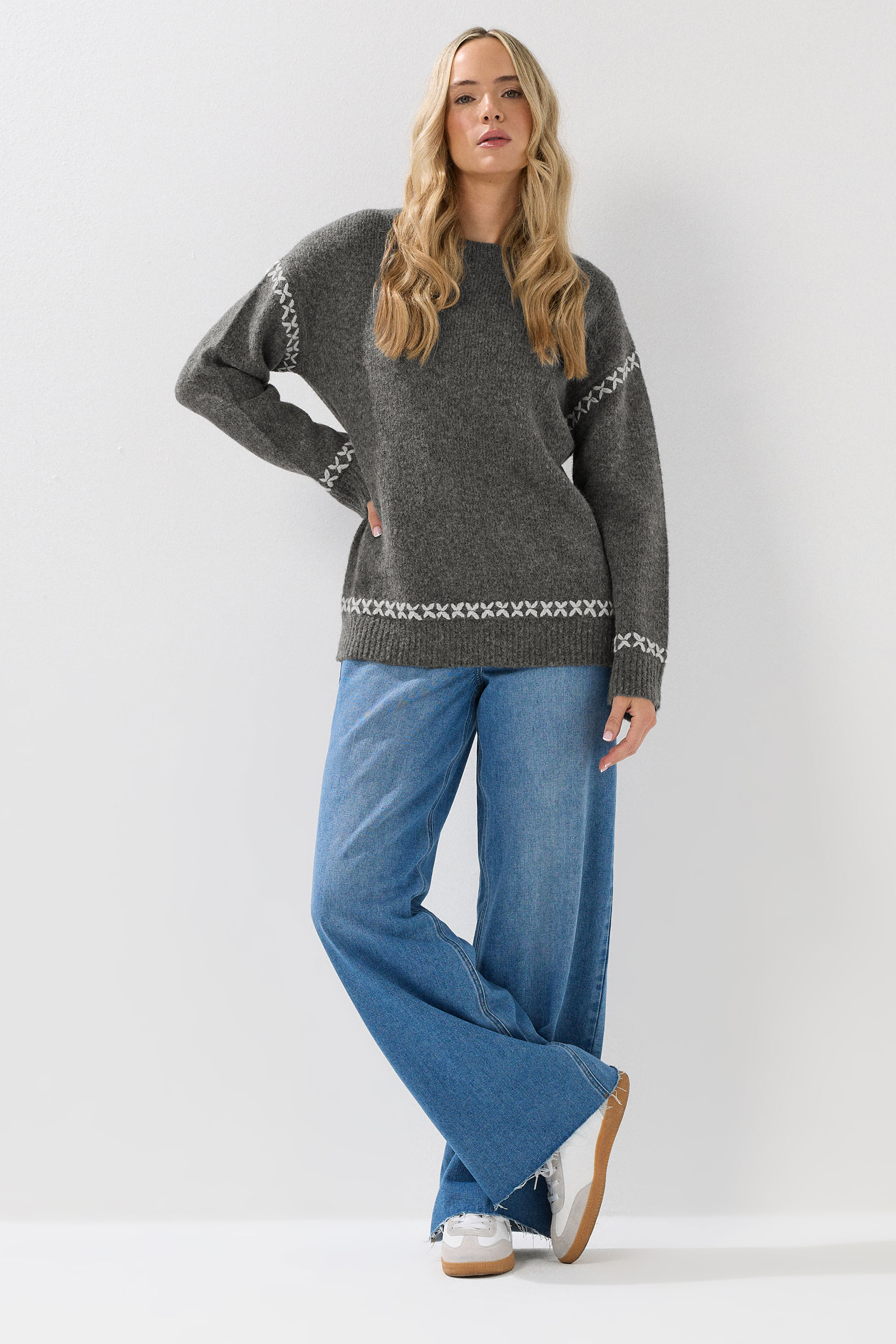 LTS Tall Grey Knitted Cross Stitch Jumper | Long Tall Sally 2