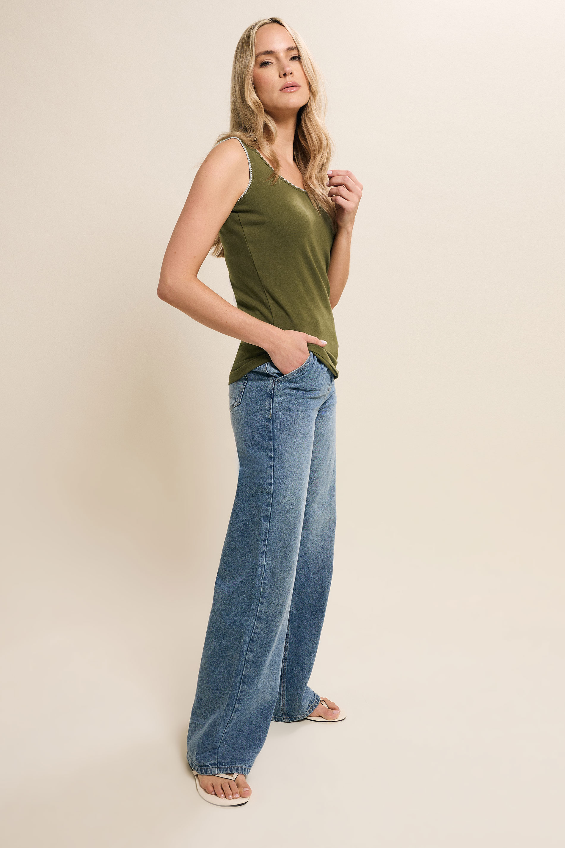 LTS Tall Khaki Green Contrast Stitch Vest Top | Long Tall Sally 3